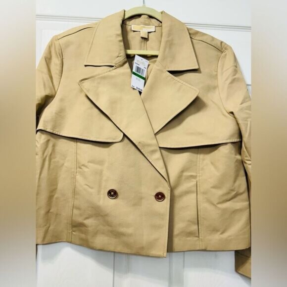 NWT Michael Kors Cropped Double-Breasted Cotton Trench Coat Khaki Women’s Sz L - Picture 2 of 15
